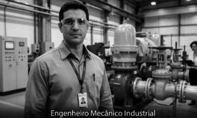 Engenheiro Mecânico Industrial com prancheta inspeciona engrenagens e motores de uma linha de produção automatizada.