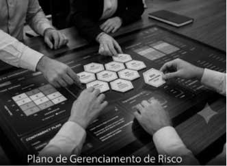 Consultores empresariais apontam para gráfico de matriz de probabilidade durante reunião para estruturar o Plano de Gerenciamento de Risco.