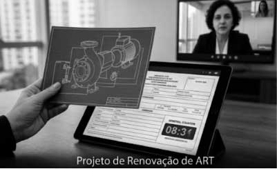 Engenheiro civil revisa plantas e documentos técnicos antigos para iniciar o Projeto de Renovação de ART de um condomínio comercial.